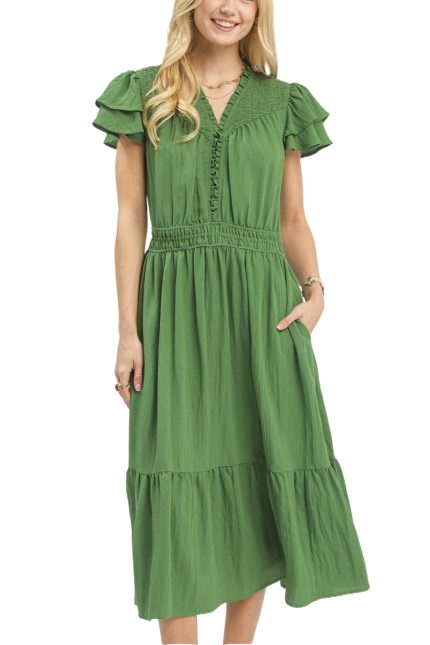 Smocked Ruffle Sleeve Midi Dress