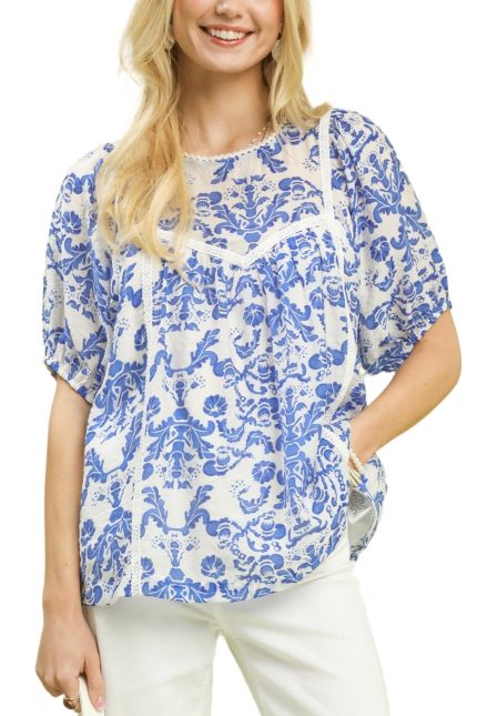 Mix Lace Trim Printed Boho Peasant Top