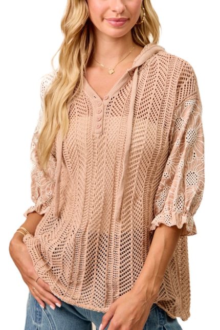 Jacquard Flower Puff Sleeves Sweater Hoodie Top