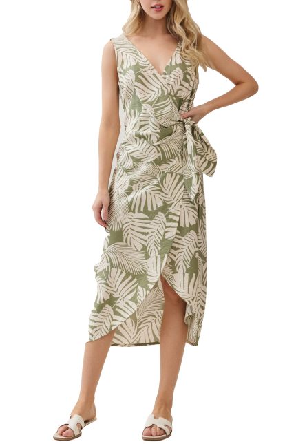 V-neck Surplice Front Tie Sleeveless Midi Dress