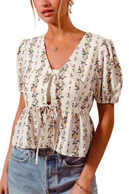 Floral Print Tie Front Shirred Hem Blouse Top
