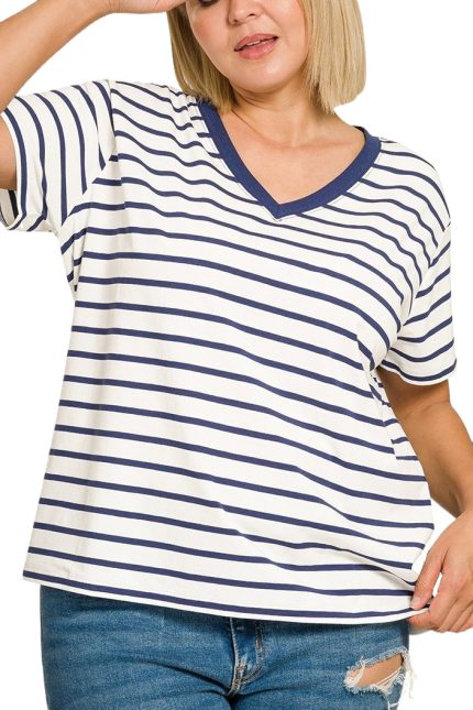 Plus Striped V-neck T-shirts