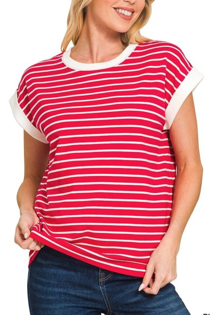 Contrast Trim Cap Sleeve Stripe Tee