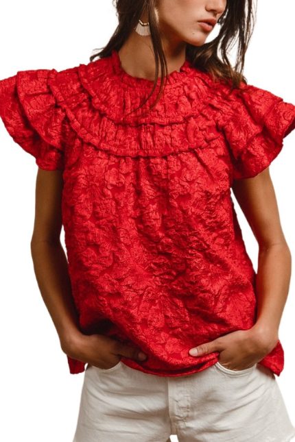 Floral Pattern Texture Layered Ruffles Sleeves Top