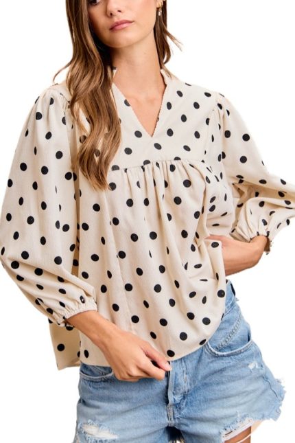 Polka Dot Corduroy Quarter Sleeves V Neck Top
