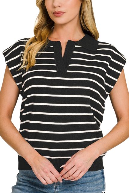 Viscose Striped Collared Sweater Vest