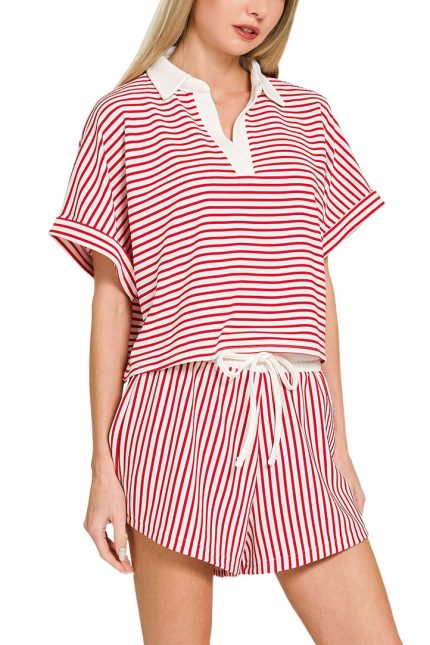 Striped Collared Top N Shorts Set