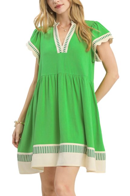 Linen Color Block Flutter Sleeve Dress