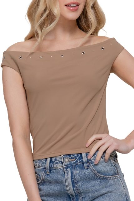 Off The Shoulder Eyelet Detail Knit Top