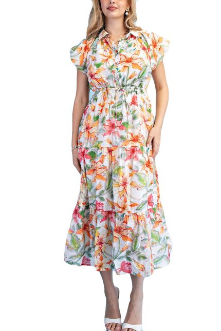 Floral Print Tiered Half Button Midi Dress