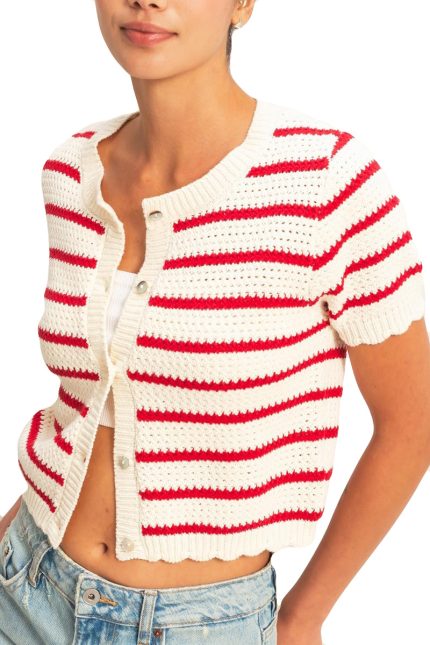 Striped Short Sleeve Cardigan With Scallop Edge