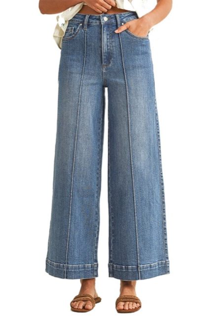 Stretch High Rise Pin Tuck Detail Wide Leg Jean
