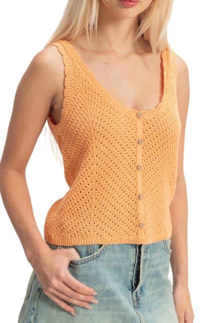 Open Knit Scallop Edge Button Front Tank Top