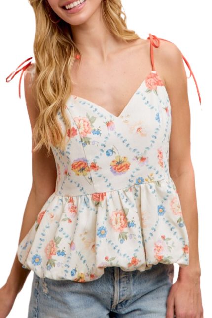 Flower Print Bubble Hem Contrast Shoulder Tied Top