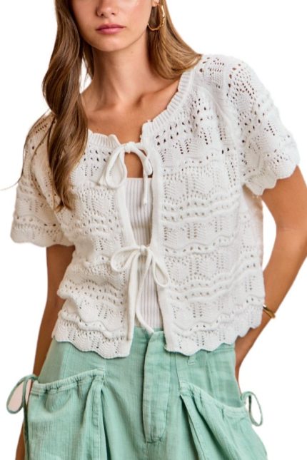 Front Bow Tie Detail Pointelle Knit Top