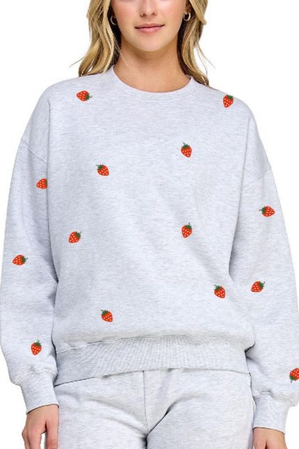 Fleece Sweatshirt With Strawberry Embroidery