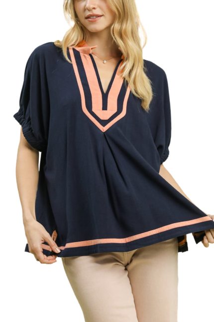 Linen Contrast Trim V-neck Blouse