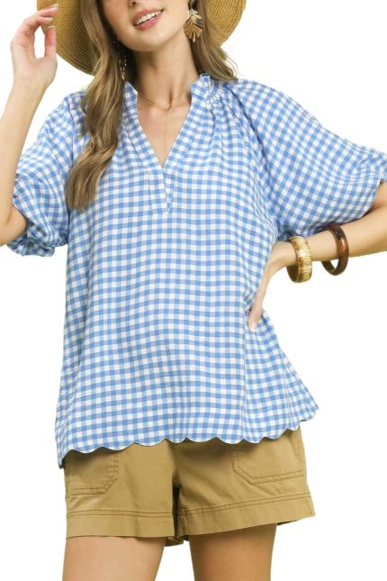 Gingham Bubble Sleeve V-neck Top