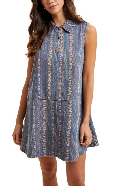 Floral Wallpaper Print Denim Sleeveless Mini Dress