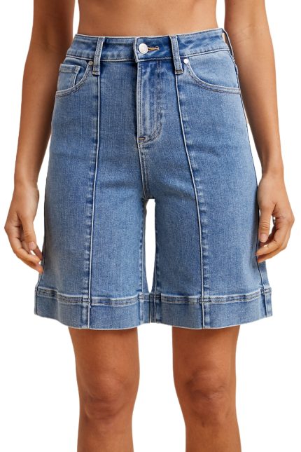 Stretch Denim Mid Thigh Girlfriend Shorts