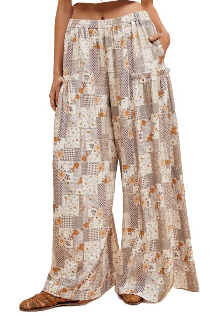 Patchwork Print Textured Knit Wide Leg Pants