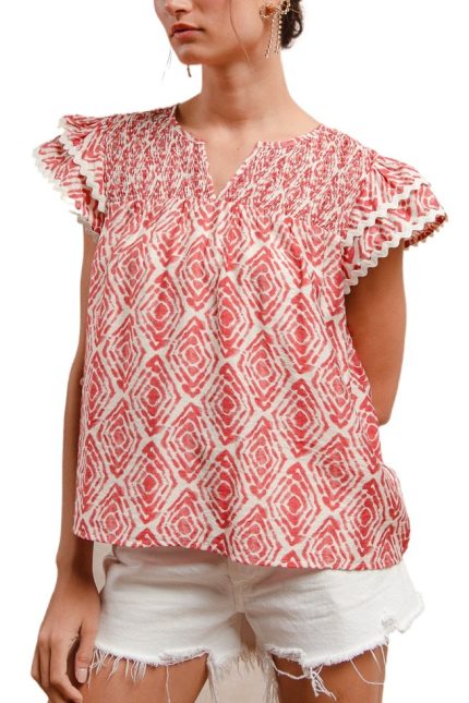 Printed With Smocking Details And Wavy Trim Top
