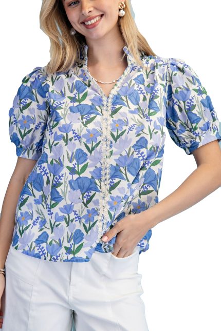 Floral Print Short Puff Sleeve Top