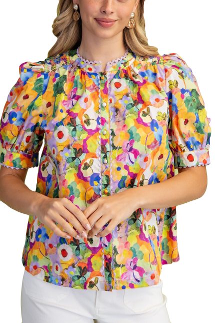 Bold Floral Button Down Blouse