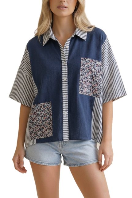 Stripe Floral Embroidery Waffle Shirt