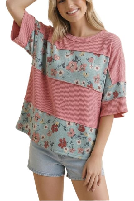 Short Sleeve Wave Rib Floral Color Block Top
