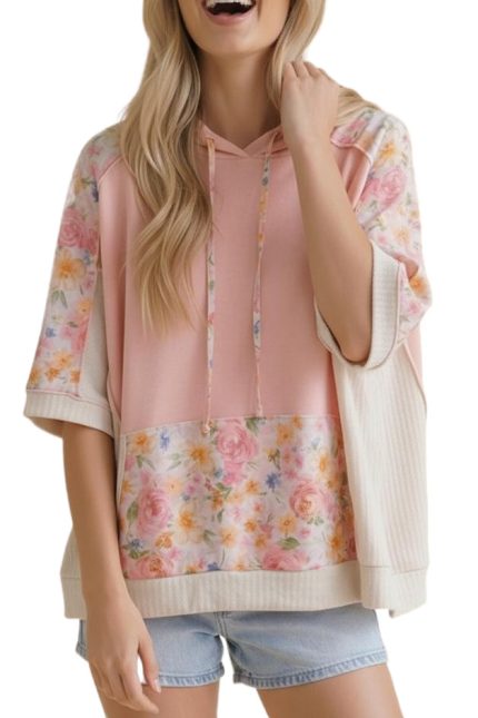 Floral Burnout Color Block Knit Top W/ Hoodie