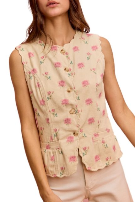 Floral Rose Cotton Twill Scallop Button Vest Top