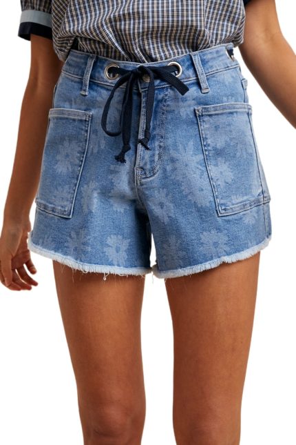 Daisy Print Stretch Denim Belted Shorts