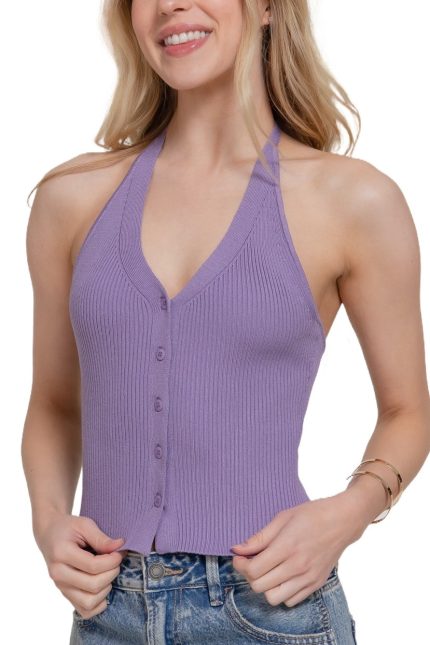 Halter Neck Button Down Sweater Top