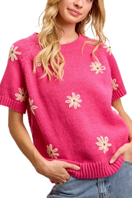 Flower Embroidered Short Sleeves Knit Top