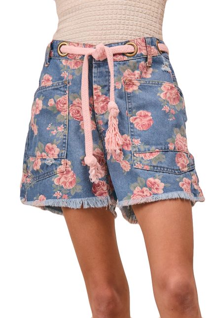 Braided Waist Belt Patch Floral Denim Shorts
