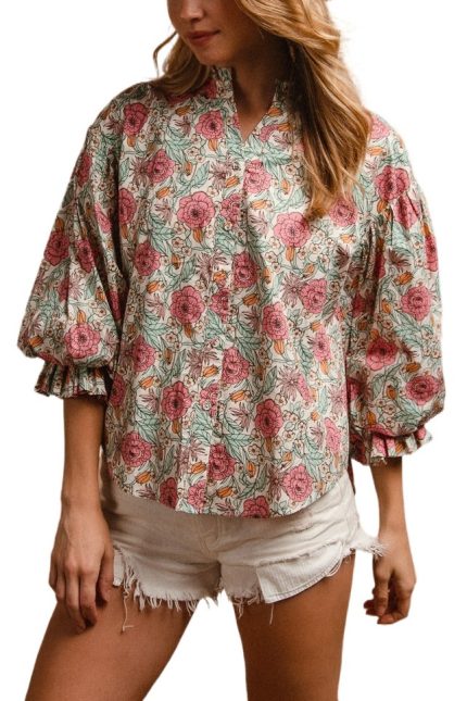 Floral Woven Printed Bubble Sleeve Blouse Top