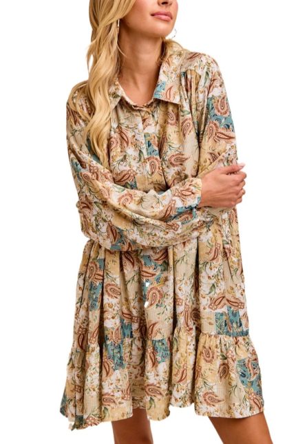 Floral Paisley Print Half Buttoned Shirt Dress