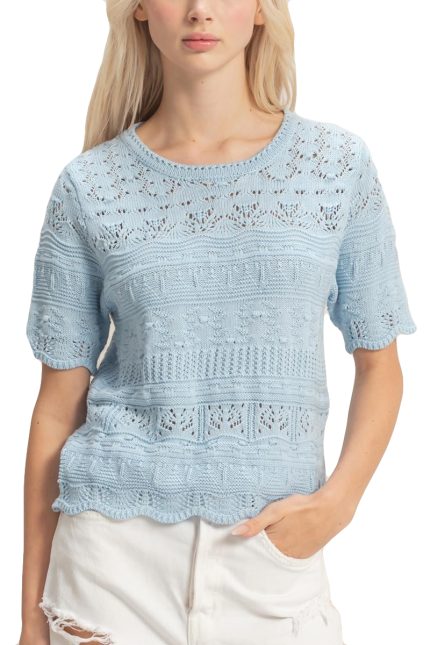 Textured Pointelle Knit Short Sleeve Top