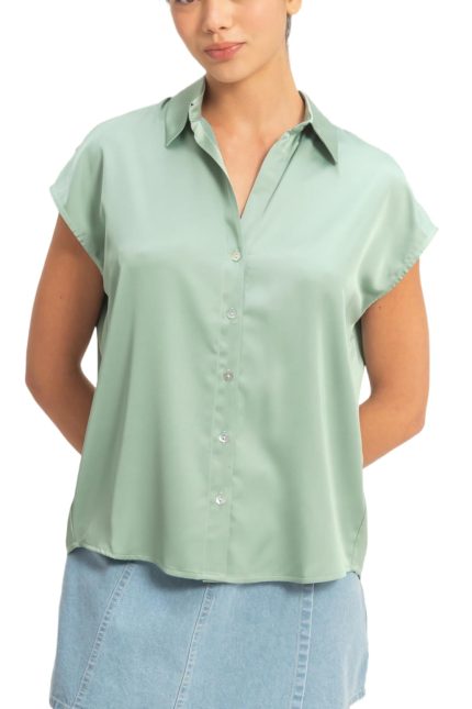 Sleeveless Satin Button-up Blouse