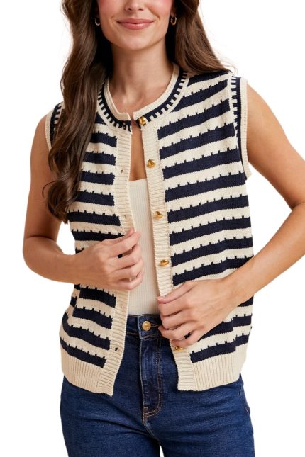 Stripe Knitted Gold Button Sweater Vest