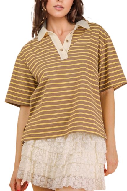 Oversized Stripe Knit Top W/ Cont Collar