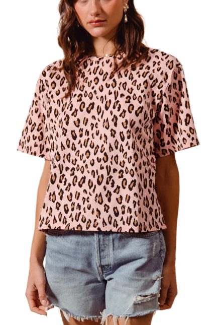 Loose Fit Leopard Print Round Neck Knit Top