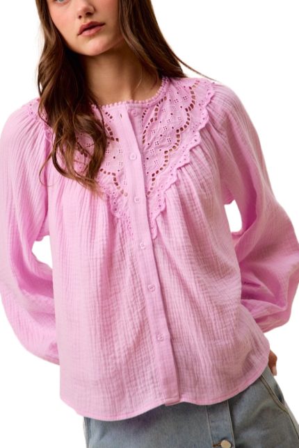 Cotton Gauze Lace Trim Button Shirts Blouse Top