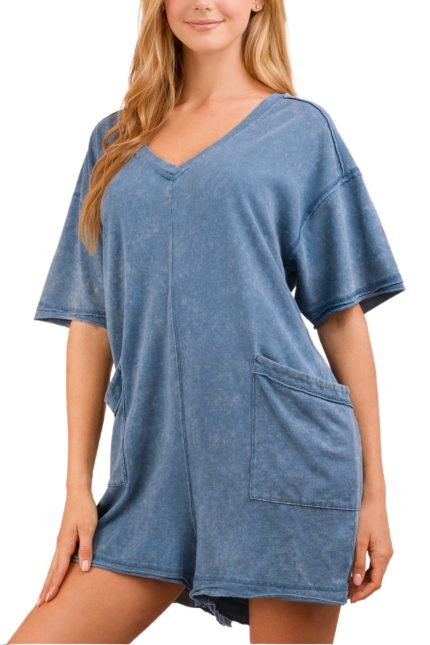 Mineral Washed Oversized Casual Knit Romper