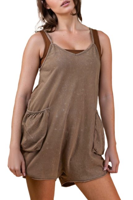 Mineral Washed Sleeveless Casual Knit Romper