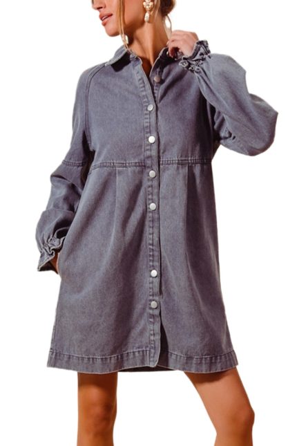 Washed Color Denim Button Down Shirt Mini Dress