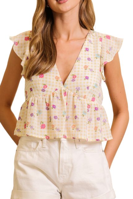 Gingham Floral Print Baby Doll Top