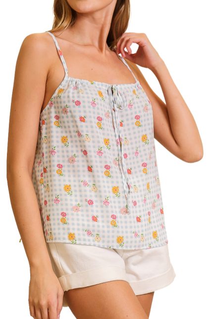 Gingham Floral Print Tie Front Cami Top