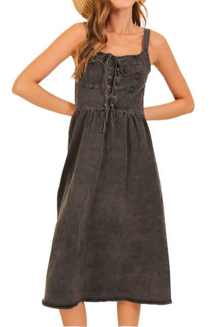 Lace-up Front Stretch Denim Midi Dress